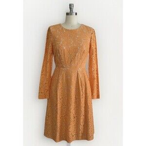 BCBG MAX AZRIA Women’s Sz 6 Coral LACE Beautiful CUTOUT  Long sleeve DRESS ECU